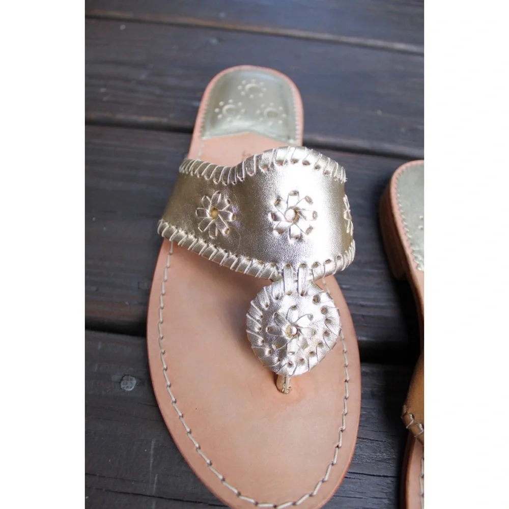 Jack Rogers Leather Flat Sandal Preowned 8.5 Platinum Gold
